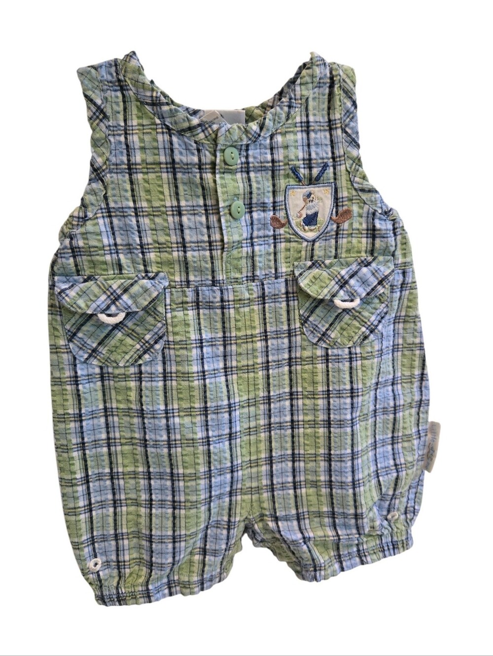Vintage 1990s Y2k Plaid Teddy Bear Golf Green Blue Romper